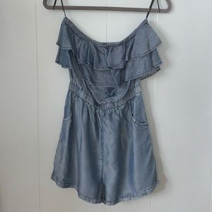 Strapless, Ruffled top, Denim Romper
